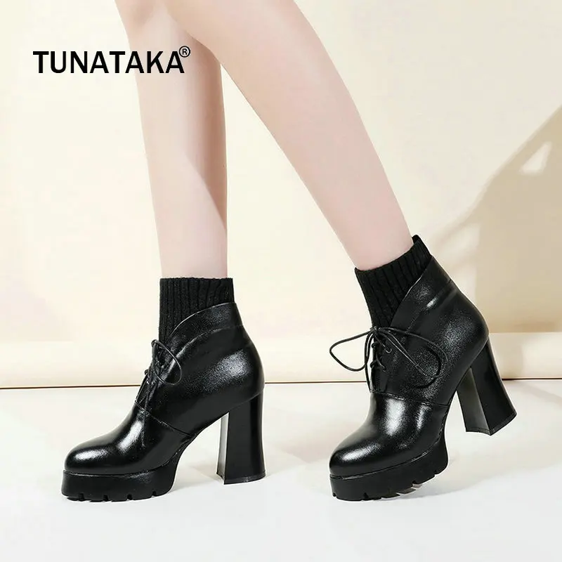 Talons Cuir forme Bottes Plate Lace Cheville À Noir Carré Mode Hauts Femme Chaussures Robe En Véritable Up pYt55