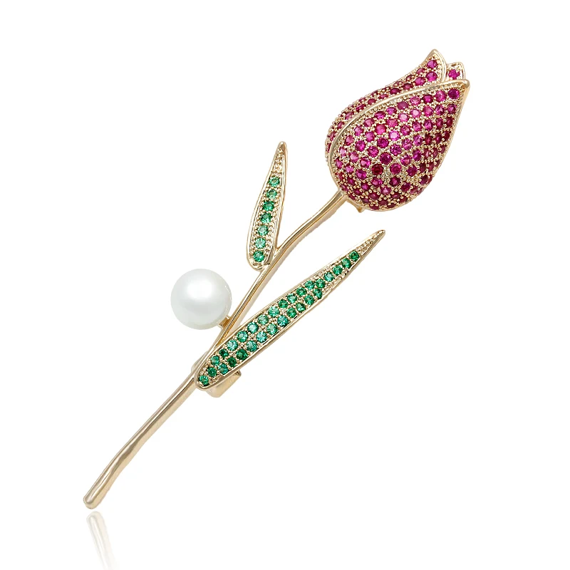 

High Quality Fuchsia Cubic Zirconia Crystal Micro Pave Tulip Flower CZ Zircon Sparkling Brooch Pins for Women