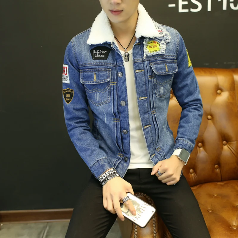 Winter Jackets Men Letters Print Bomber Jacket Male Cow boy Fur Collar Jeans Coat Outer Wear Casaco Masculino Plus Size M-3XL | Мужская