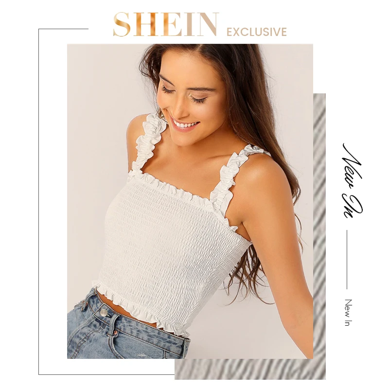 SHEIN модный короткий топ с оборкой, женская одежда, Boho эластичные топы, облегающие топы белого и красного цвета, летние топы