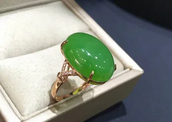 

18K rose gold with diamond inlaid top old pit apple green Hetian jasper ring h54##