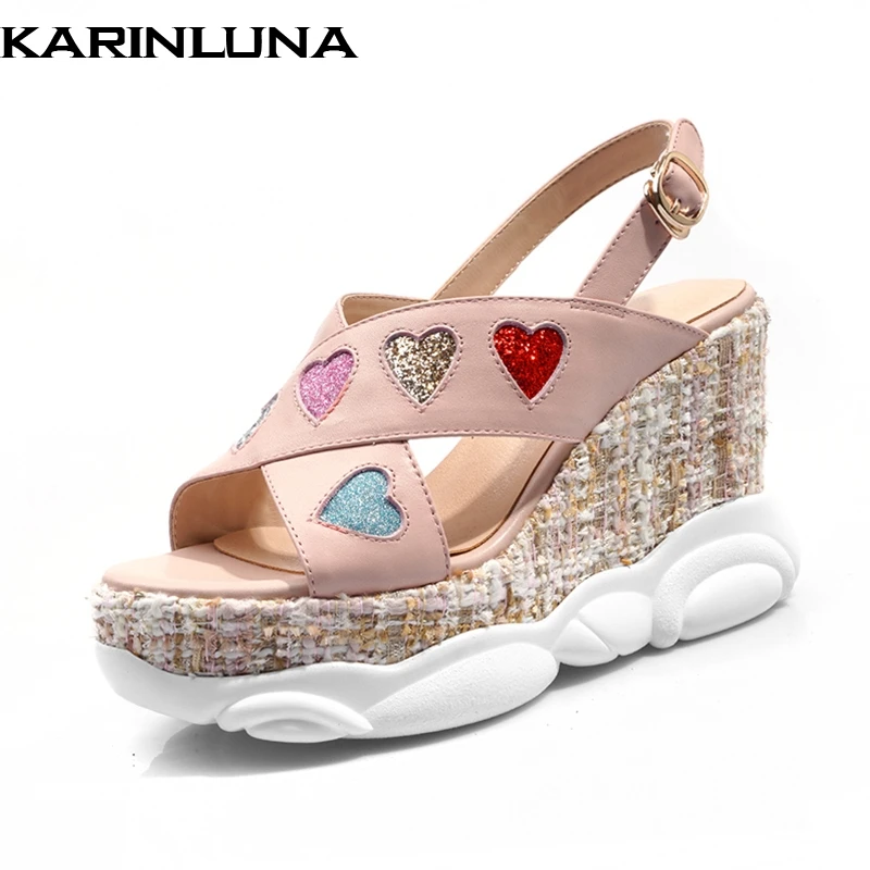 

KarinLuna new fashiongenuine cow leather Summer sandals woman shoes women buckle platform wedge heels lady shoes woman