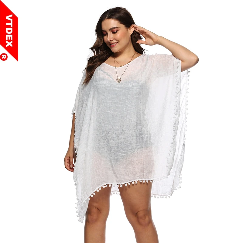 WhiteBeachCoverUpsWomenSeethroughLooseBeachDressForBigGirlONeckTassel.jpg