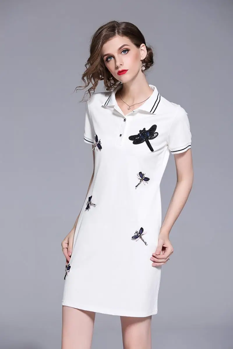 New Arrival 2018 Brand Clothing Summer Short Sleeved T-shirt Dress Women Embroidery Beading Casual White POLO Shirt Dress S-XXL
