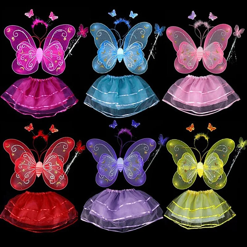 

Baby Girls Butterfly Wing Wand Headband Tutu Skirt Cosplay Costume For Fairy Girl Kid Party