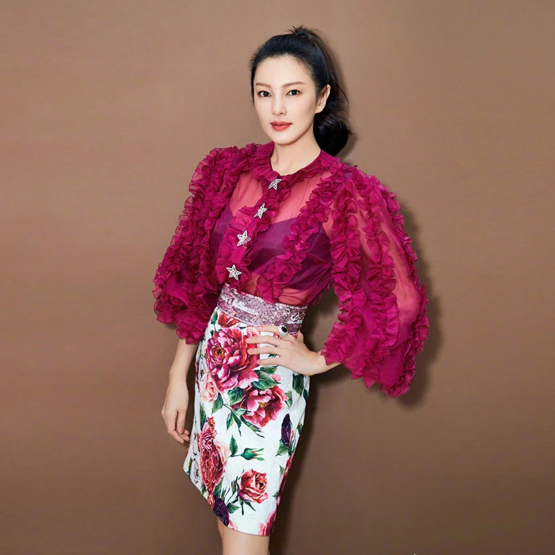 

2019 Spring Designer Blouse And Short Skirt Two Pieces Set Women Sexy Ruffles Crystal Star Perspective Shirt Floral Print Skirt