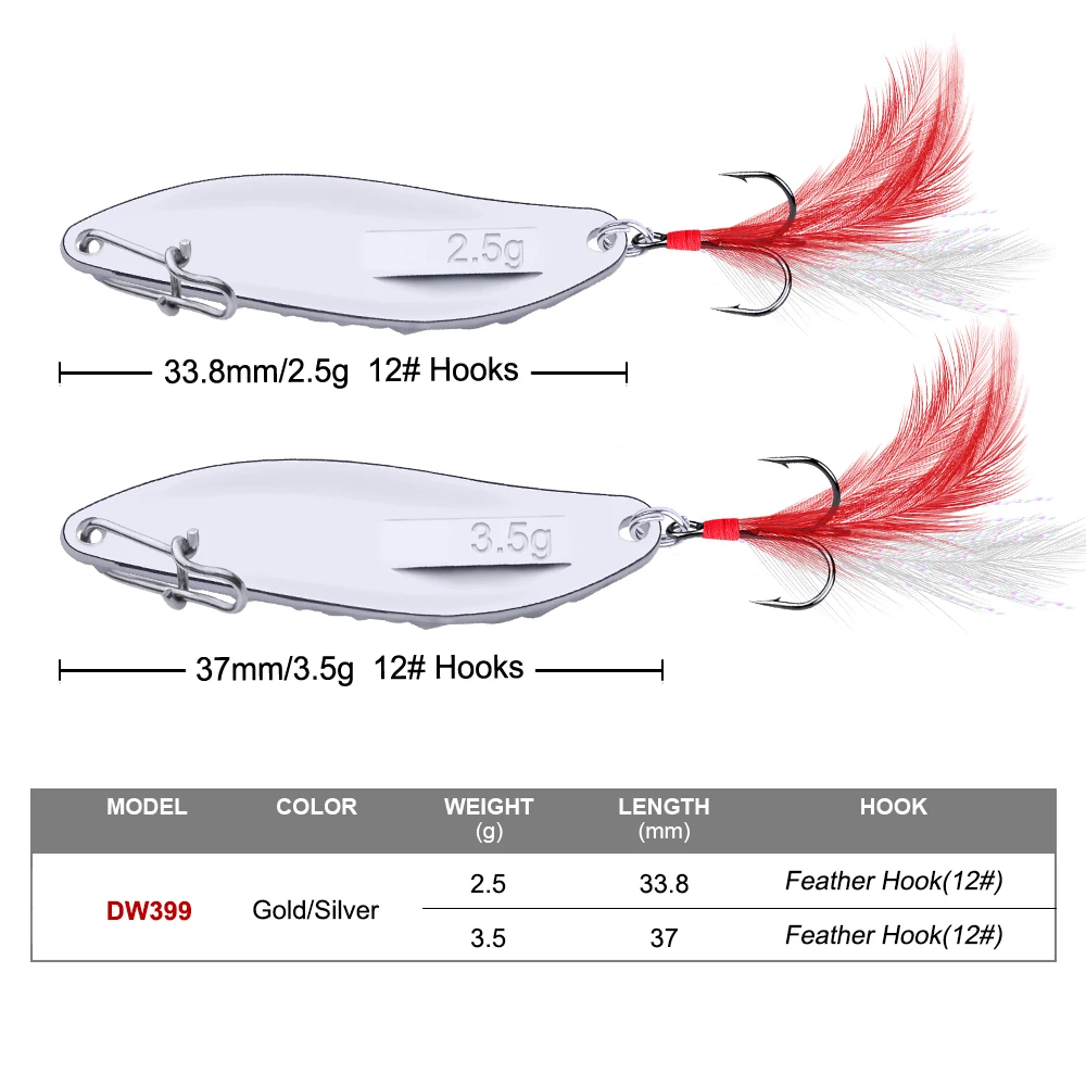 10 шт. рыболовные биати металлическая ложка приманка 2,5 г-3,5 г приманки серебряная ложка рыболовная приманка 12# крючок Ложка приманка с перо-приманка набор DW399