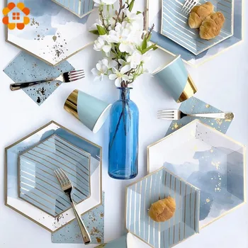 

1Set Blue Series Striped Disposable Tableware DIY Gilding Paper Plates Tableware for Wedding Table Decor Birthday Party Supplies