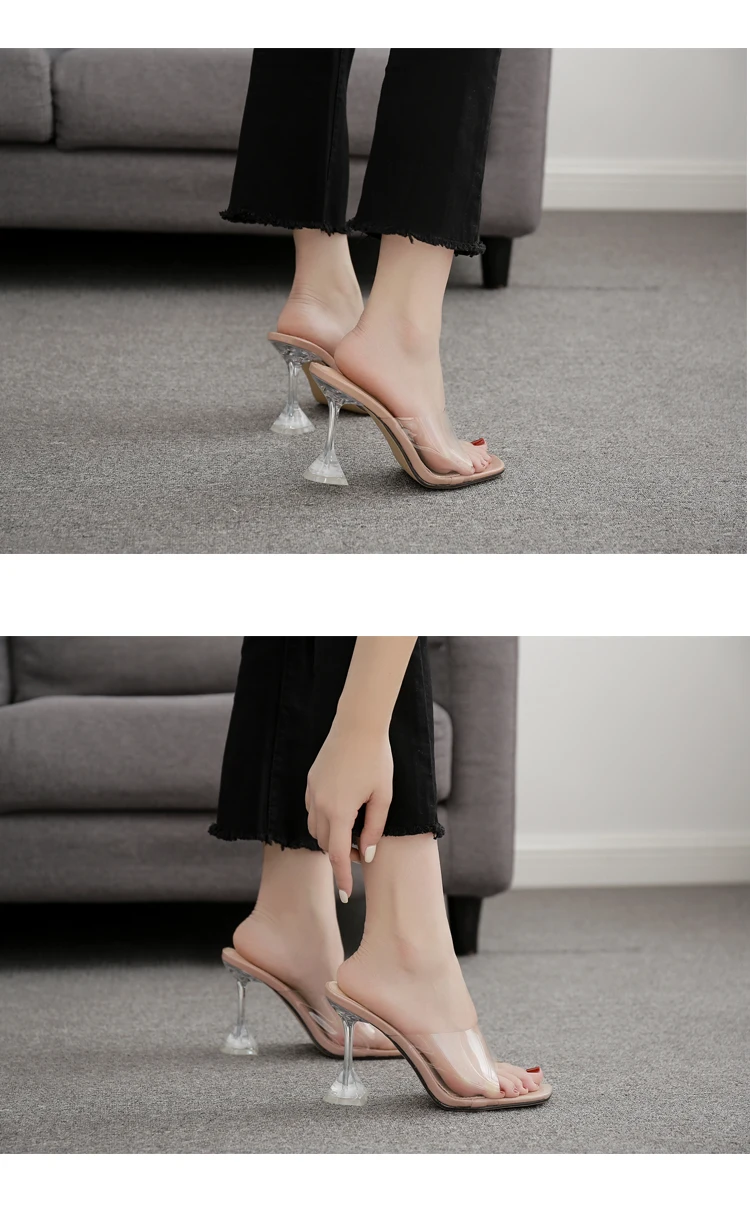 Aneikeh New Summer Rome PVC Transparent Slippers Women's Shoes Open Toe Clear Thin High Heel Crystal Orange Apricot Silver