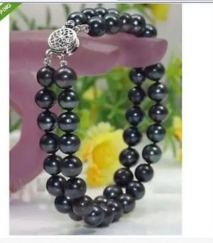

FREE SHIPPING HOT sell new Style >>>> double strands 9-10mm tahitian black green round pearl bracelet7.5-8inch
