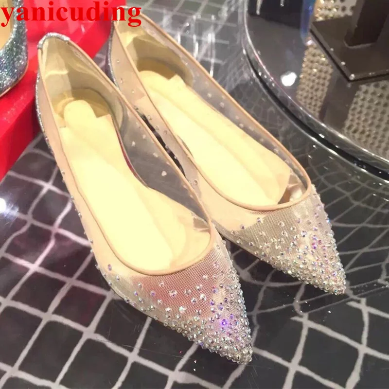 

Air Mesh Glitter Crystal Charms Decor Women Flats Pointed Toe Trendy Brightest Shoes Shallow Wedding Party Star Stage Hot Shoes