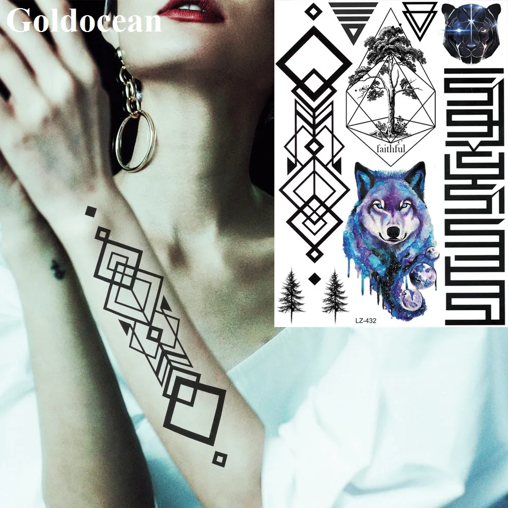 GoldOcean Women Wrist Black Armband Wolf Fake Tattoos Sticker Body Arm Waterproof Tattoo Temporary Men Sexy Adhesive Tato Custom | Красота и