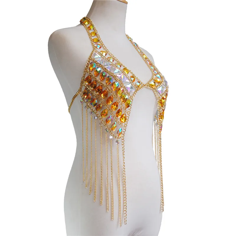 New Top Design Shinny Rhinestones Tank Tops Gold Metal Chain Tassel Tops Rave Festival Adjustable Backless Sexy Tops For Women