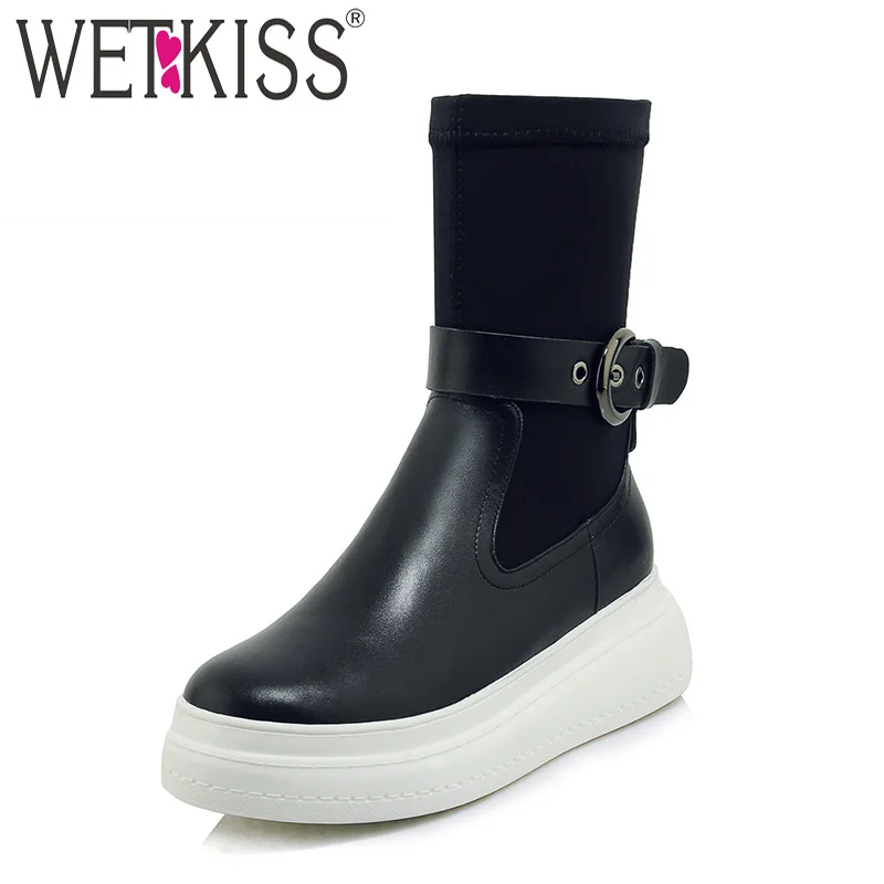 

WETKISS Leather Women Ankle Boots Round Toe Footwear Fashion Stretch Lycra Female Short Boot Platform Shoes Woman 2018 Winter