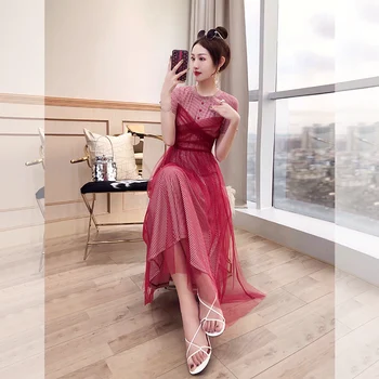 

Summer 2019 Dress Sexy Celebrity Mesh Button Short Plaid Patchwork Women O Neck Night Club Body con Party Dresses Wholesale