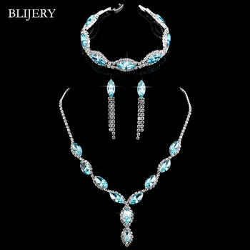 

BLIJERY Charm Sky Blue Crystal Wedding Jewelry Set Silver Plated Floral Necklace Earrings Bracelet for Women Bridal Jewelry Sets
