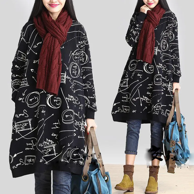 

Plus Size 4XL New Fall Autumn Women Vintage Elegant Graffiti Print Tops Lady Female Large Big Long Cotton Pullover T Shirt Dress
