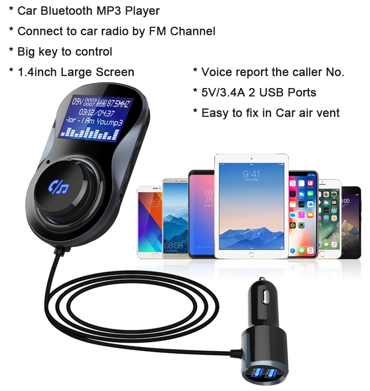 

Siparnuo Bluetooth FM Transmitter Audio Car Mp3 Player Wireless In-Car FM Modulator Handsfree Bluetooth Car Kit with LCD Display