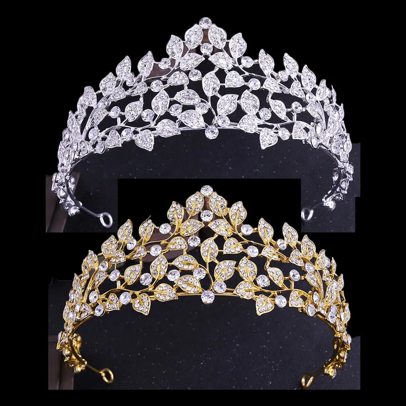 

Vintage Baroque Gold Leaf Rhinestone Crystal Tiaras Crown Bride Noiva Diadem Headpiece Wedding Hair Accessories Head Jewelry BH