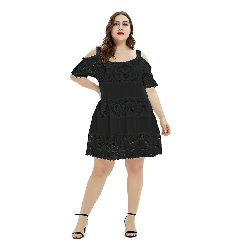 BachashDresses женские летние кружевные открытые платья без рукавов жира мм большой размер Размеры свободного кроя с открытыми плечами, однотонная, с приметанными оборками свежий и милые - Цвет: Black