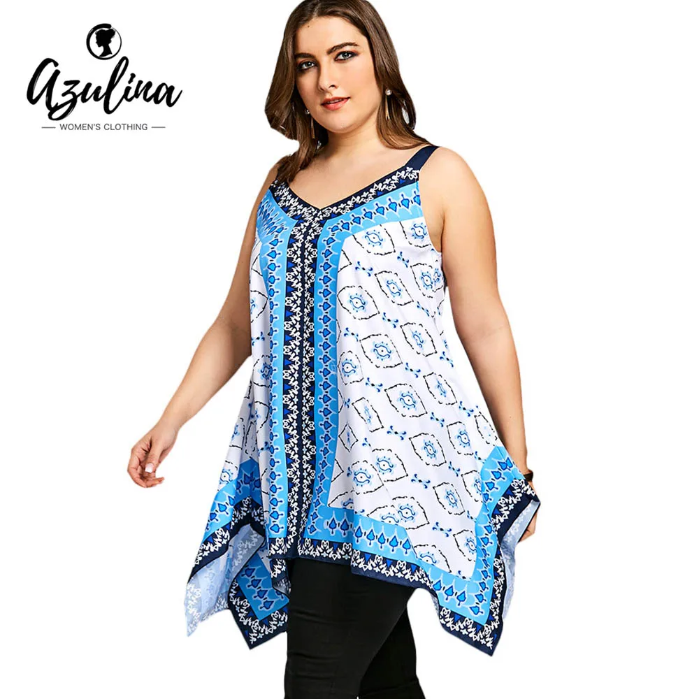 AZULINA Plus Size Tribal Print Handkerchief Tank Top Ethnic Summer V Neck Sleeveless Ladies Tops