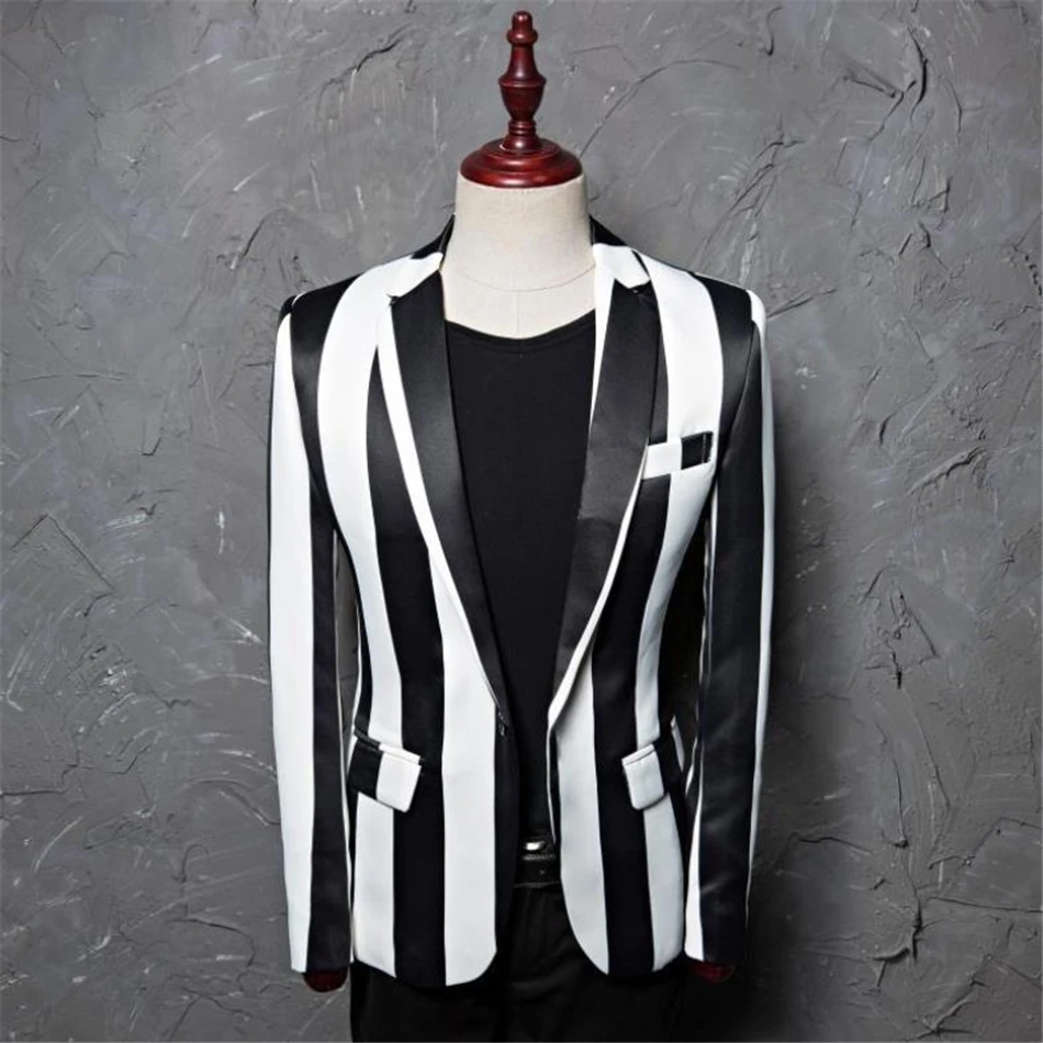 SHOWERSMILE костюм для певцов, черный, белый полосатый Блейзер, Мужской приталенный Блейзер на одной пуговице, блейзер для вечеринки, Блейзер размера плюс 4XL 5XL - Цвет: Black White