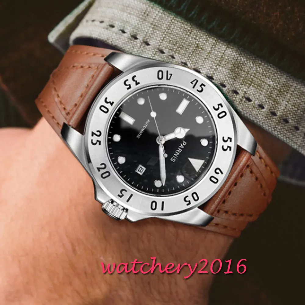 43 мм Parnis часы с черно-белым циферблатом мужские повседневные кожаные автоматические механические часы с сапфировым кристаллом мужские часы s подарок