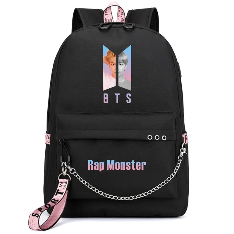 

BTS Bangtan USB Backpack Jimin Suga Rap Jin Figure With Chain USB Headphone Port School Bags Mochila Travel Laptop Bags