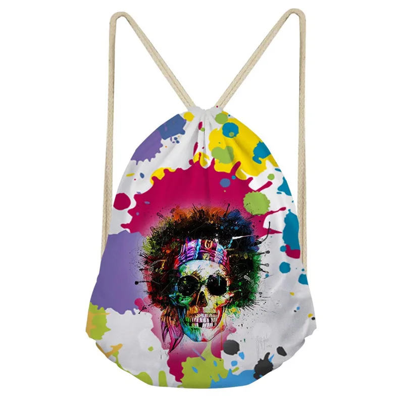 

THIKIN Color the Skull Printed Polyester Beam Pocket Drawstring Bag For Modern Woman Girl Good Quality High Capacity Women Bag
