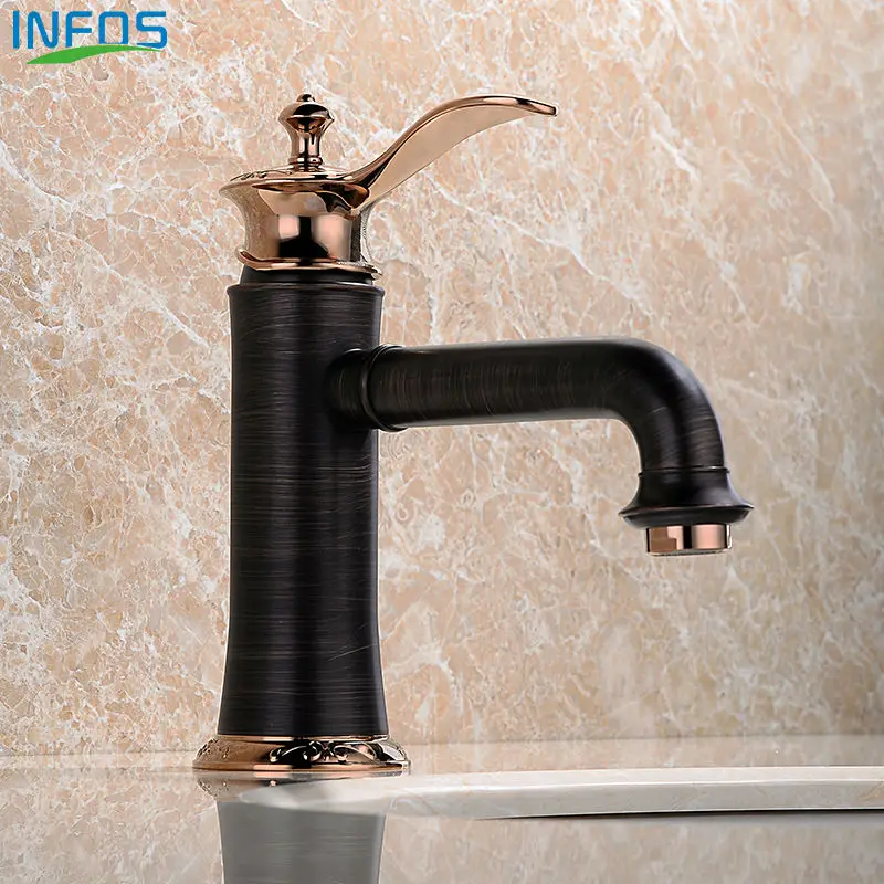 INFOS Black Antique Copper Bathroom Brass Basin Faucet Single Handle Hot and Cold Water Tap Deck Mounted Sink Mixer IFC003