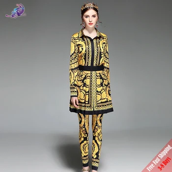 

2018 New Fashion Runway Designer Suit set 3pcs Women's Long Sleeve Vintage Printed Tops + Pleated Skirt +Long Pants Set 2019