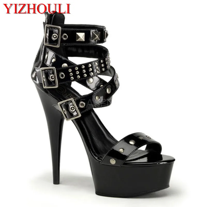 High-heeled shoes with 15cm heels, sexy, 5 inch riveted embellished sandals, and stiletto sandals