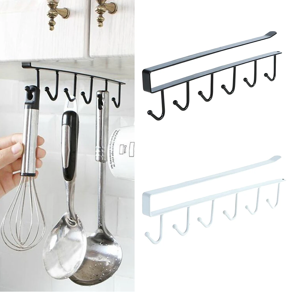 6 Hook Under Shelf Mugs Cups Wine Glasses Storage Drying Holder Rack Cabinet Hanging Organizer Rack for Kitchen Home Bathroom