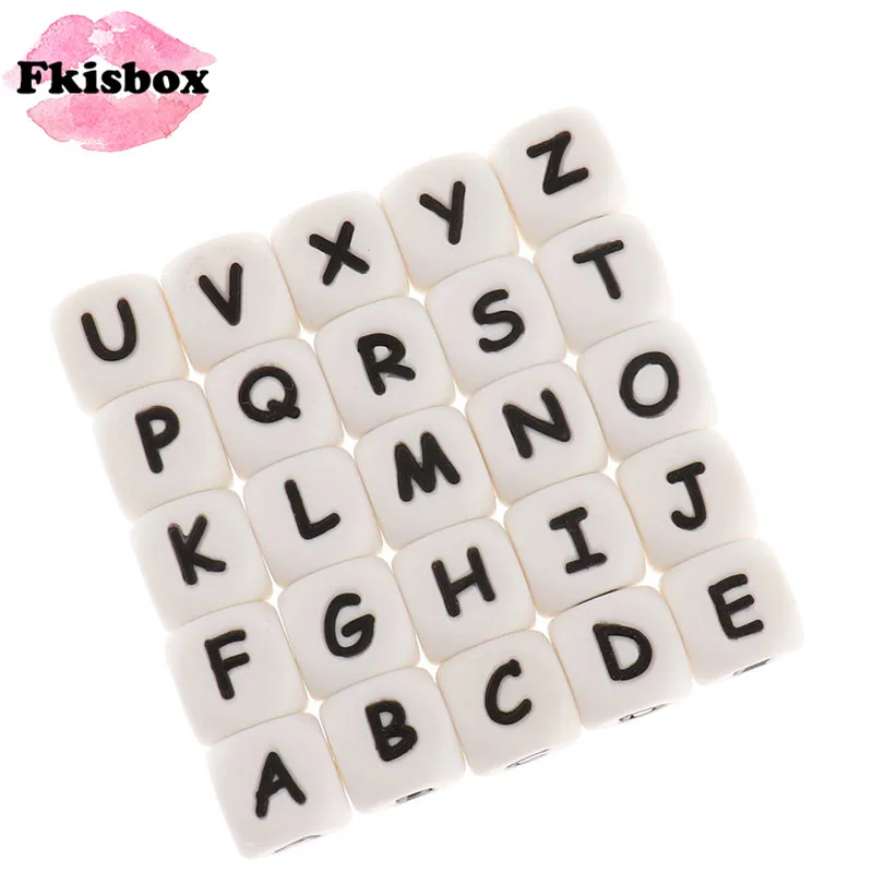 Fkisbox-BPA 프리 실리콘 알파벳 문자 비즈 50 개, 큐브 12mm 실리콘 씹는 구슬 DIY 젖니가 남 씹는 보석 목걸이 비즈
