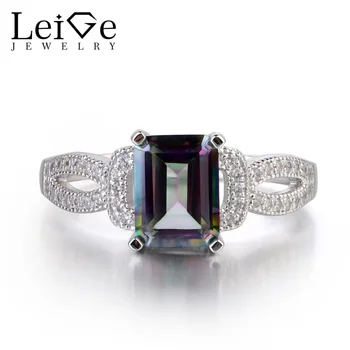 

Leige Jewelry Rainbow Topaz Rings Sterling Silver 925 Fine Jewelry Wedding Engagement Ring Emerald Cut Mystic Topaz Fine Jewelry