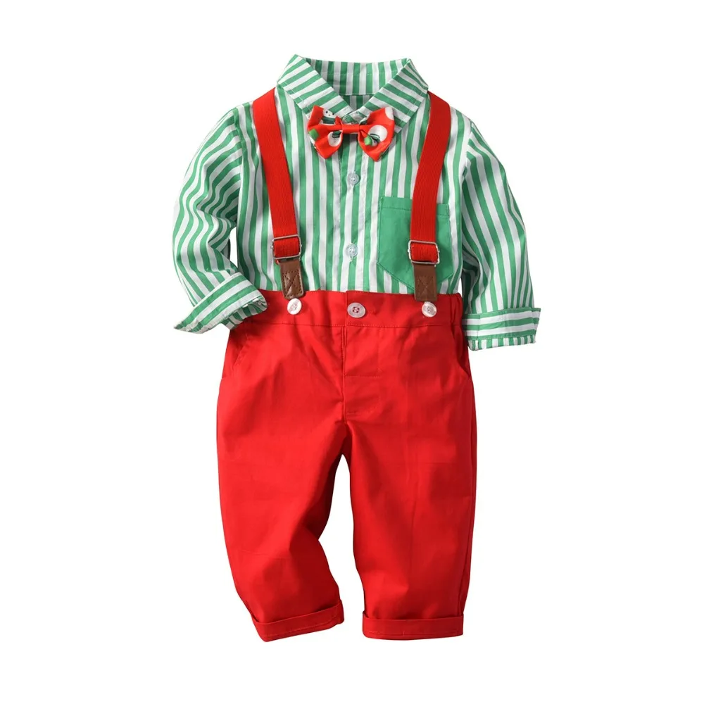 Рождественская одежда с длинными рукавами для маленьких мальчиков Топ+ штаны костюм джентльмена из 3 предметов комплект детской одежды, одежда для новорожденных с галстуком