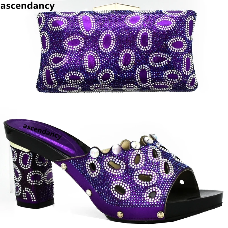 

New Arrival Purple Color Italian Ladies Wedding Shoe and Bag Set Decorated with Rhinetsone Nigerian Women Party Shoe and Bag Set