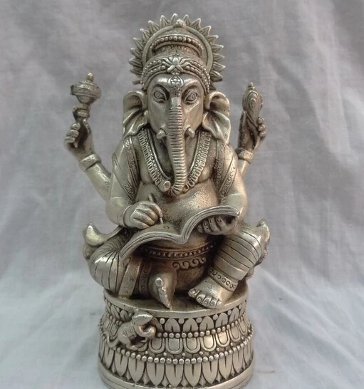 

JP S0114 Tibet Silver 4 Arms Ganapati Ganesh Lord Ganesha Buddha Brass Coin Mouse Statue