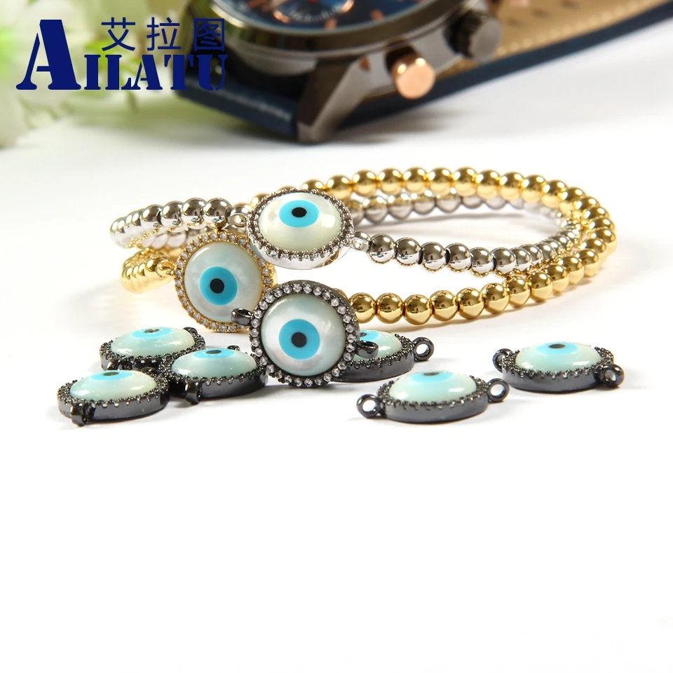 

Ailatu 10 Pieces Clear Cubic Zirconia with Shell Eyes Round Copper Beads for DIY Fashion Bracelet Jewelry