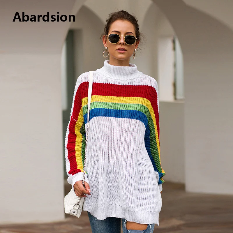 Abardsion 2019 длинный свитер с высоким воротом негабаритный женский осенне-зимний свитер с длинными рукавами лоскутный цветной пуловер Свитера