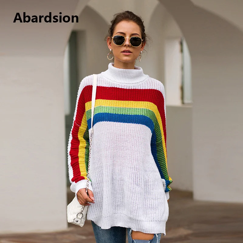 

Abardsion 2019 Long Turtleneck Sweater Oversized Women Autumn Winter Jumper Long Sleeve Patchwork Color Pullover Sweaters