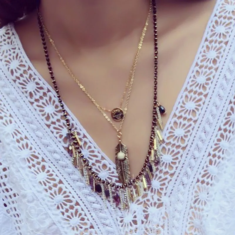 

x52 Fashion Jewelry Bohemian Style Feather Leaf Pendant Necklaces For Women Vintage Long Necklaces Green White 2 Color Wholesale
