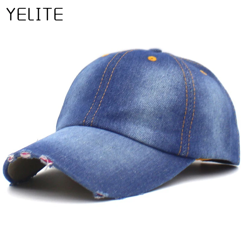 

YELITE Denim Baseball Cap Men Fashion Casual Plain Jeans Curved Sun Visor Women Solid Color Adjustable Snapback Grinding Hat
