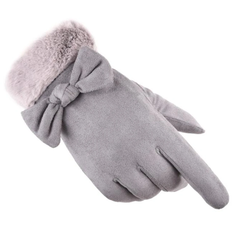 SHOWERSMILE Ladies Glove Pink Womens Suede Gloves Winter Bow Warm Touch Screen Rabbit Fur Female Leather Bike Riding Gloves