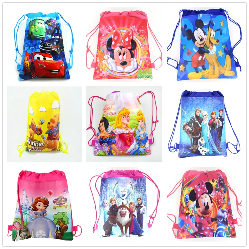

1Pcs Disney Cars Mickey Minnie Coco Sofia Frozen Six Princess Winnie Non-woven Shopping Bag Drawstring Backpack party supplies