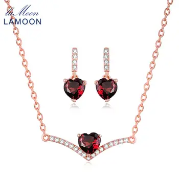 

LAMOON 100% Natural Heart Red Garnet Jewelry Sets 925 Sterling Silver Real Natural Gemstone Necklace+Earrings for Women V004-5