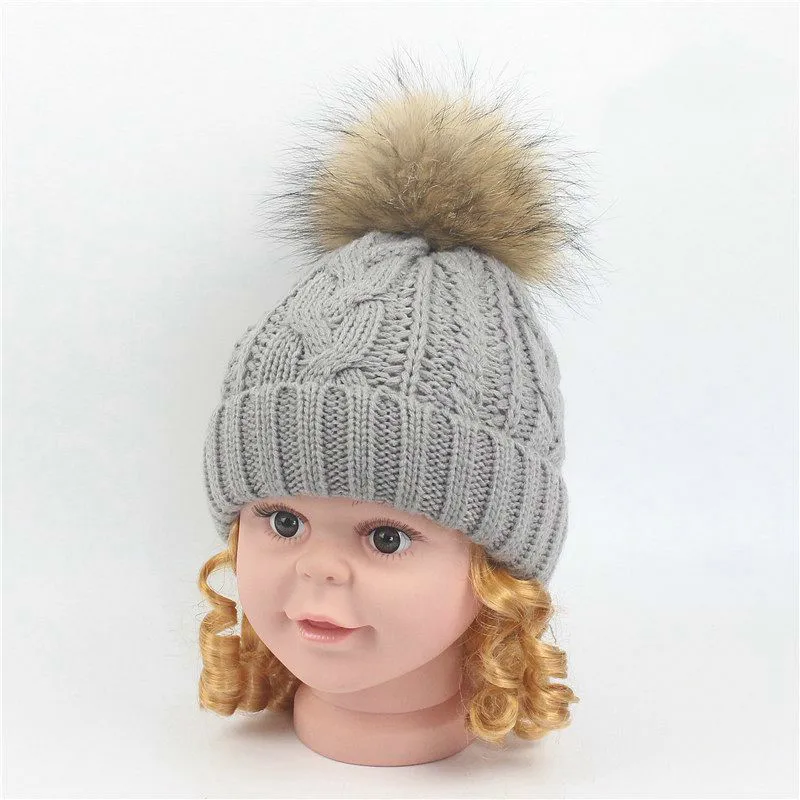 

15cm Raccoon fur pompom beanies warm caps for Children Fleece liner Hats Lovely Cap for kids winter Wool Warm Hat