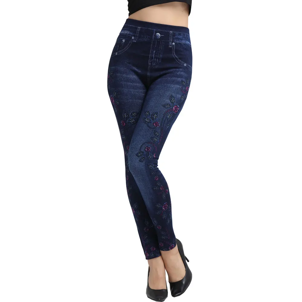 Fashion Slim Women Spring Summer Leggings Faux Denim Jeans Leggings Long Floral Printing Casual Pencil Pants Thin Fleece Inside white leggings Leggings