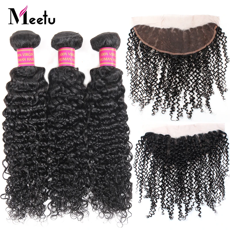 

Meetu Mongolian Kinky Curly Hair Lace Frontal Closure with Bundles 100% Human Hair 3 Bundles with Frontal Baby Hair Non Remy