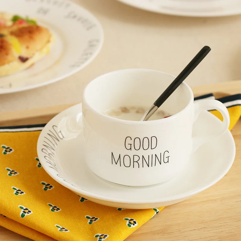 

Good Morning Letter Printed Bone China Ceramic Mugs With Handgrip With Tray Brief Breakfast Tea 1 Cup + 1 Tray White Simple